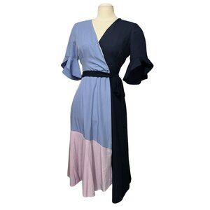 Hutch Colorblock Flare Sleeve Belted Wrap Midi Dress Sz Small Womens Blue Pink